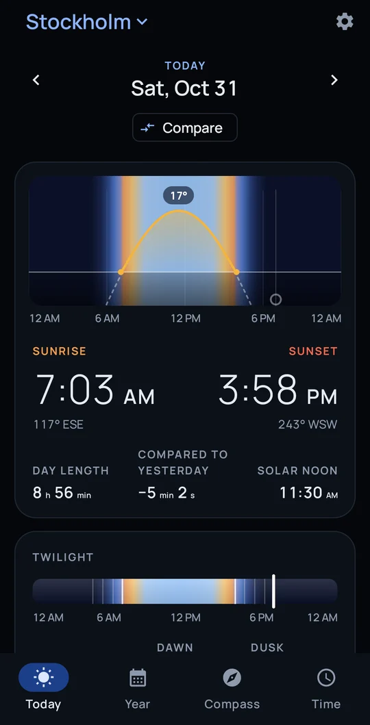 Today: a sun path chart against the sky color, with sunrise at 7:03 AM and sunset at 3:58 PM in Stockholm.