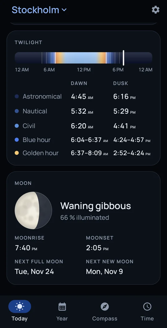 Twilight timeline and table with astronomical, nautical and civil twilight, blue hour and golden hour, above the moon phase.