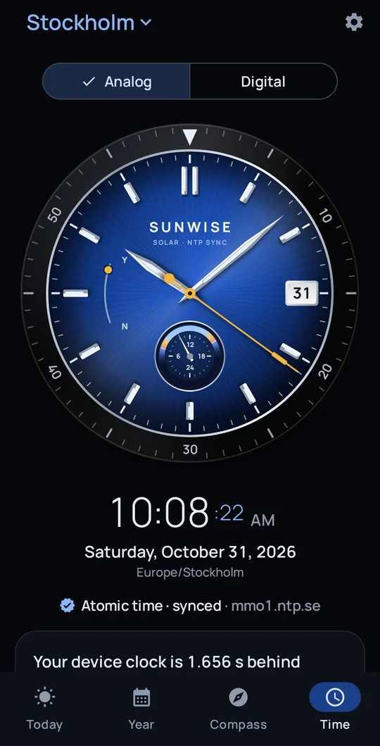 Atomic time on an analog watch dial, showing 10:08 and synced with an NTP time server.