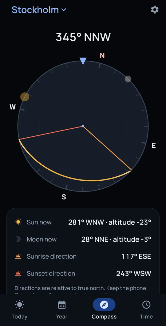 Sun compass showing the directions of sunrise and sunset and where the sun and moon are now.