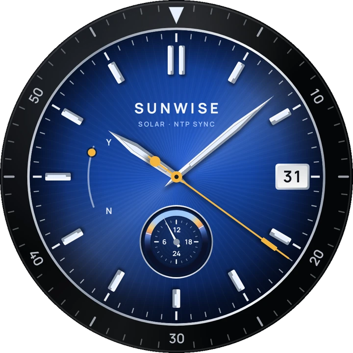 The Sunwise watch dial: a blue sunburst dial with a black bezel, steel hands, a date window and a small 24-hour sky dial.