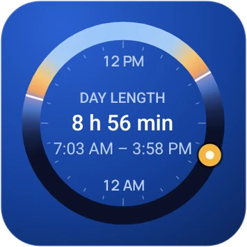 Day ring widget: a 24-hour ring of day, twilight and night with the day length inside.