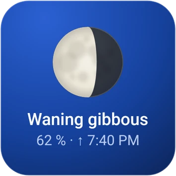 Moon widget: waning gibbous, 62 percent illuminated.