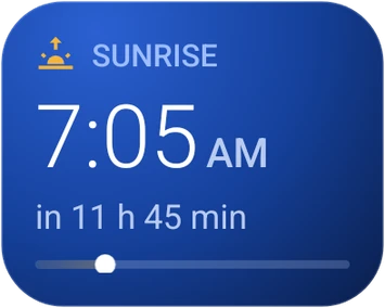 Next event widget: sunrise at 7:05 AM, in 11 hours 51 minutes.